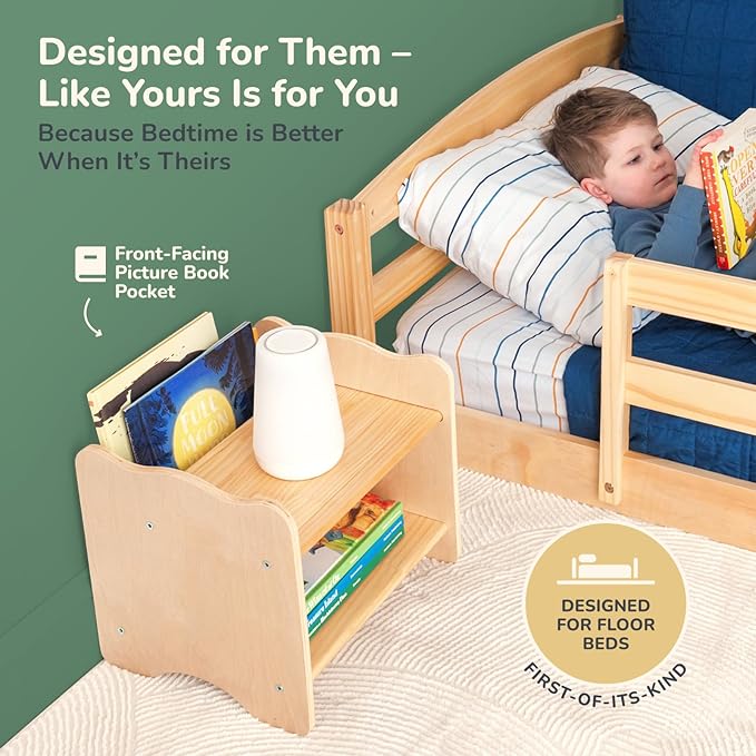 Ocodile Kids Nightstand for Floor Beds, Solid Wood Small Bedside Table with Book Pocket, Low Tiny Nightstand for Nursery, Toddler & Kids Room, Montessori Style Side Table - Varnished
