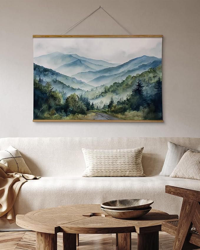 ARPEOTCY Extra Large Vintage Framed Wall Art, 36x54 Inch Watercolor Blue Ridge Mountains Forest Landscape Hanging Framed Canvas Print Art for Living Room Bedroom, Farmhouse Above Bed Wall Decor