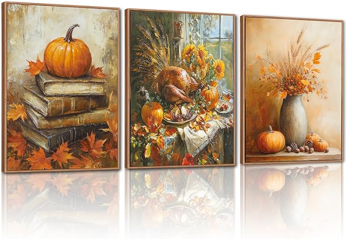 CHDITB Fall Pumpkin Framed Wall Art, Autumn Harvest Wall Decor, Nature Maple Leaves Seasonal Wall Painting, Halloween Thanksgiving Festival Party Art Prints For Living Room Kitchen Decor 12”X16”x3