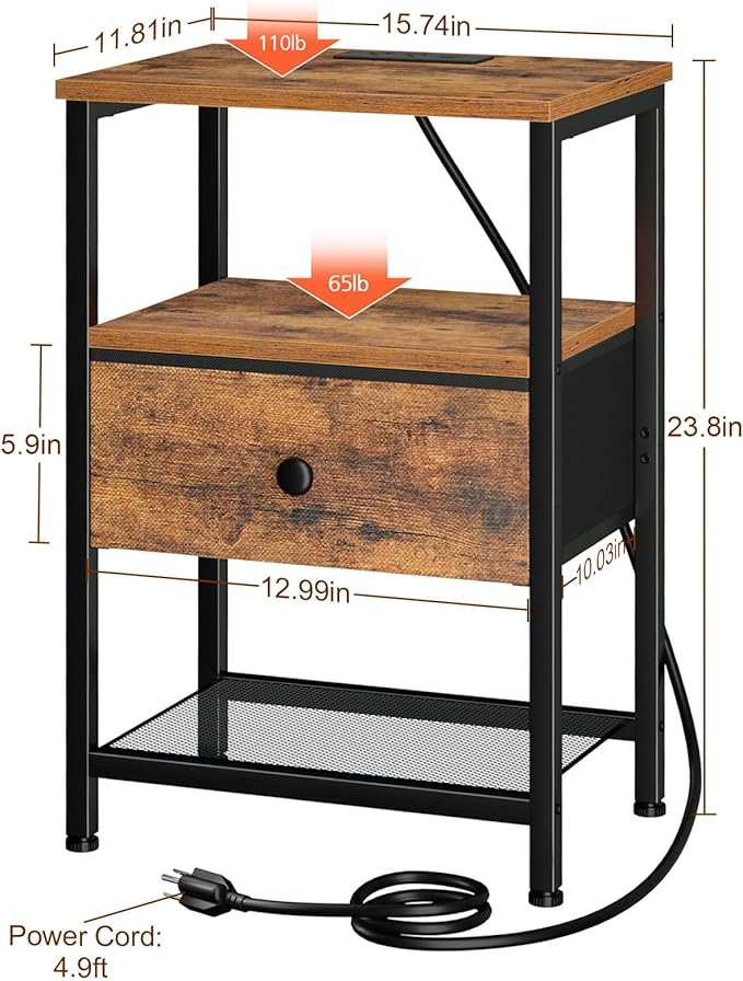 Night Stand with Charging Station, Small Bedside Table with Fabric Drawer, Nightstand with USB Ports & Outlets for Bedroom, Living Room, Brown, HETS010BR-1