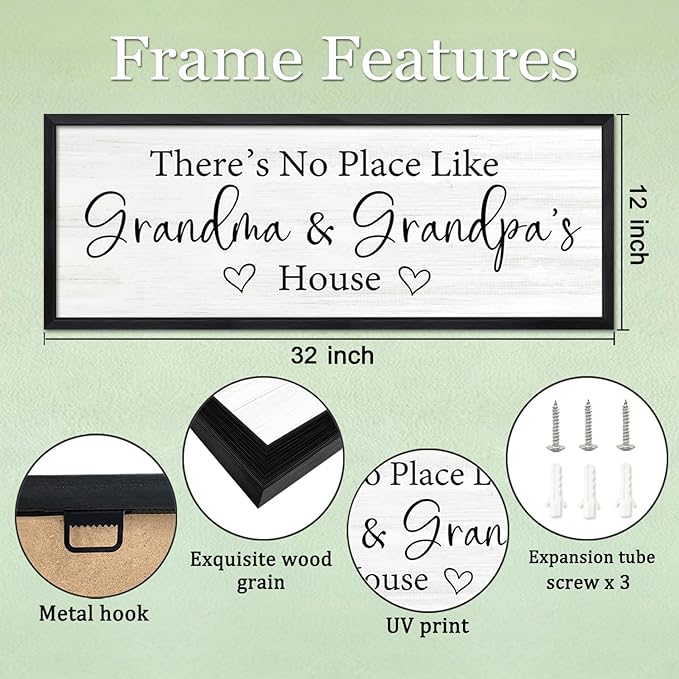 There’s No Place Like Grandma and Grandpa’s House Wall Decor: 32x12 Inch Framed Wooden Family Quote Sign, Rustic Farmhouse Wall Art for Grandparents’ Home, Living Room or Entryway, Black