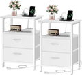 Vagusicc Nightstand Set 2 with Charging Station, End Table with Fabric Drawers, Bedside Table with Open Wood Shelf, 24.2" Tall Side Table with USB Ports & Outlets, Night Stand for Bedroom, White