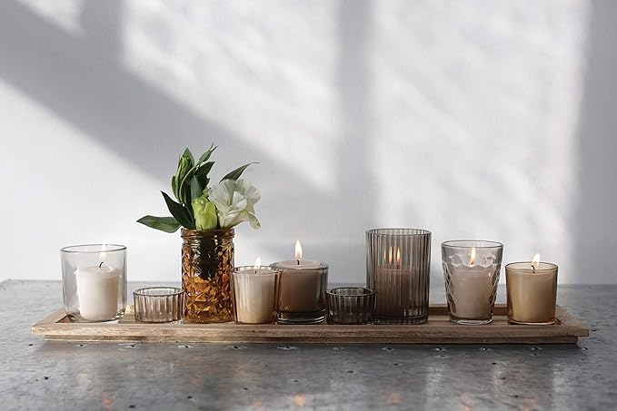 Wood Tray with 9 Brown Glass Votive Holders (Set of 10 Pieces)