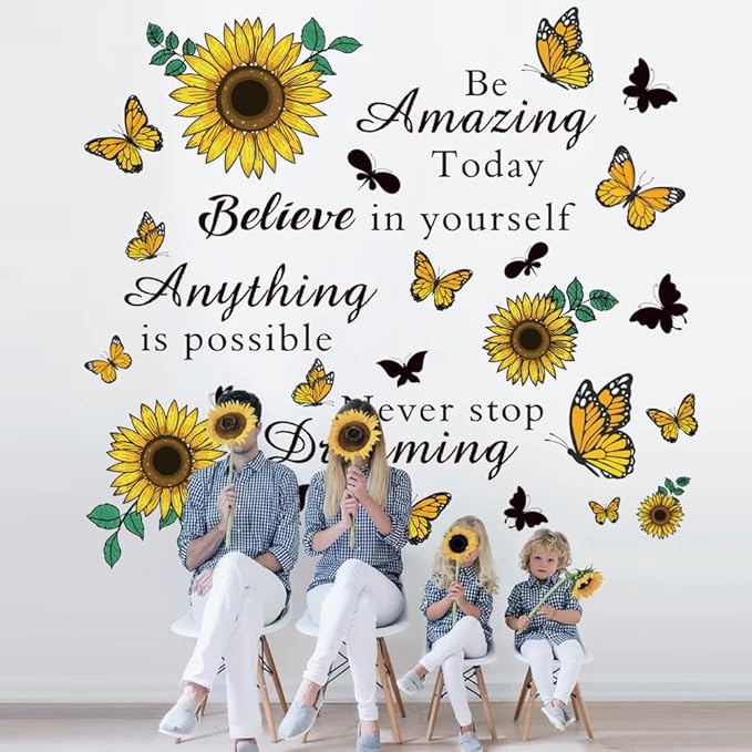 Inspirational Quote Sunflower Wall Stickers - Removable Positive Saying Peel and Stick for Classroom, Home, Bedroom, Office Wall Art Decor