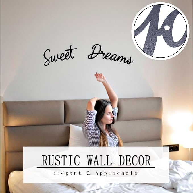 Sweet Dreams Wall Decor Above Bed Rustic Cute Metal Wall Art Sign for Family Bedroom Decor - Black