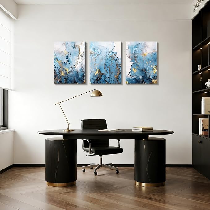 SERIMINO Blue Abstract Canvas Wall Art for Living Room, Navy and Gold Fluid Marble Wall Decor for Bedroom, Bathroom, Office, Home Decor, Set of 3 Print Painting, 16"X24"