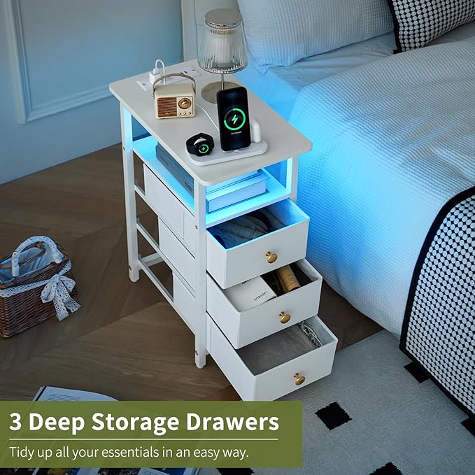 Yoobure End Table with Charging Station, LED Narrow Side Table Bedside Table, Small Night Stand End Tables Living Room, Skinny Nightstand with 3 Fabric Drawers, Side Tables Bedroom for Small Spaces