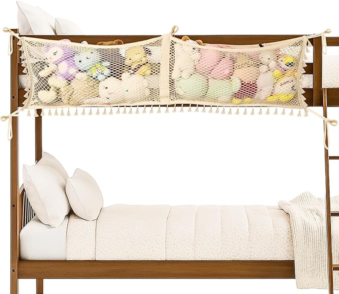 Ofiray-home Stuffed Animal Hammock, Bedside Stuffed Animal Storage Net Corner - Kids Nursery Wall Bedroom Home Decor, Cotton Bedside Toy Organizer Net with Tether, Stretches up to 47.25 In, Beige