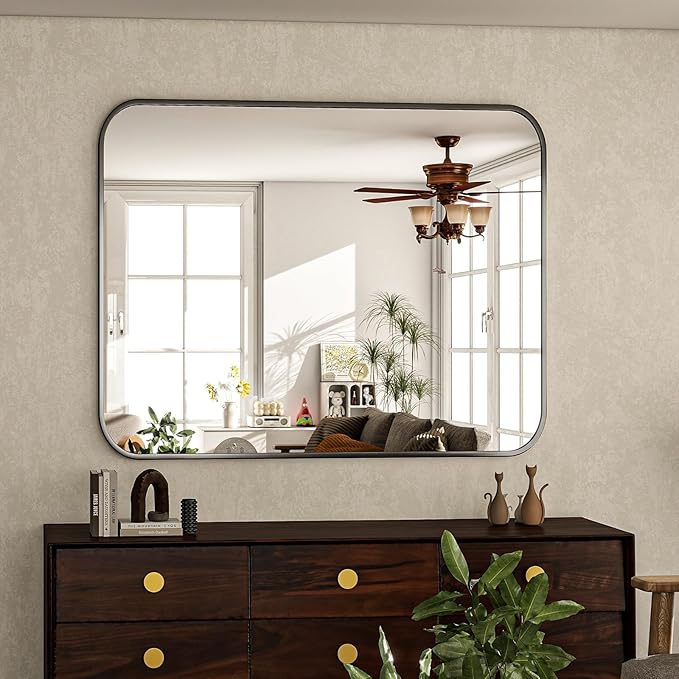 30×40 Inch Bathroom Mirror - Wall Mounted Vanity Mirror with Round Corner Aluminum Alloy Frame, Hanging Horizontally Vertically for Living Room, Bedroom, Hallway as Home Decor, Black