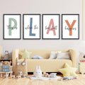 TQianJiang Playroom Wall Art for Kids 4 Piece PLAY Letter Prints with This is Where the Fun Stuff Happens Quote 11"×16" Modern Colorful Decor Children Nursery Toddler Wood Framed Wall Hanging (Black)