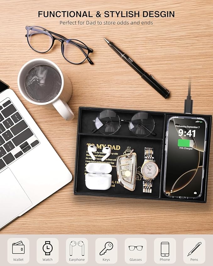 TopMade Wireless Charger Valet Tray, Father's Day Birthday Gifts for Dad, PU Leather Mens Jewelry Box for Iphone Charger, Desk Nightstand Organizer Charging Station Drawer Dresser Organizer(Black)