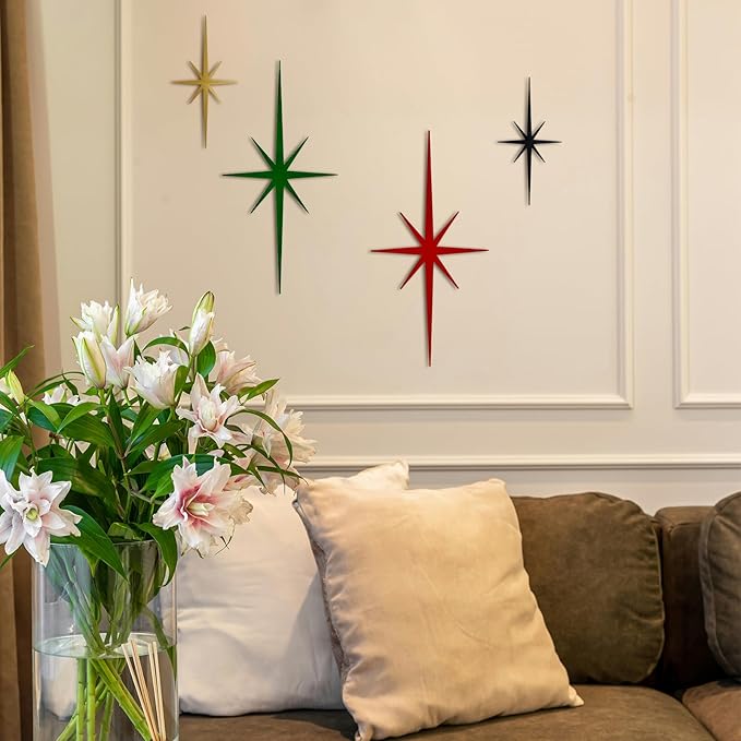 sxnzequnze 4 Pack Metal Star Wall Art 8 Pointed Starburst Wall Decor Set with 2 Large & 2 Small Pieces Mid Century Celestial Metal Wall Sculpture for Bedroom Living Room Office Gallery Wall