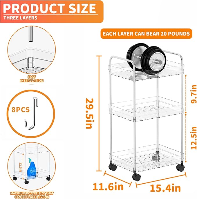 Yieach 3 Tiered Clear Rolling Cart with Wheels,Acrylic Storage Cart on Wheels for Bedside,College Dorm Room,Bathroom Organizers and Storage Shelf,Utility Cart Organizer for Snack,Craft,Diaper Caddy