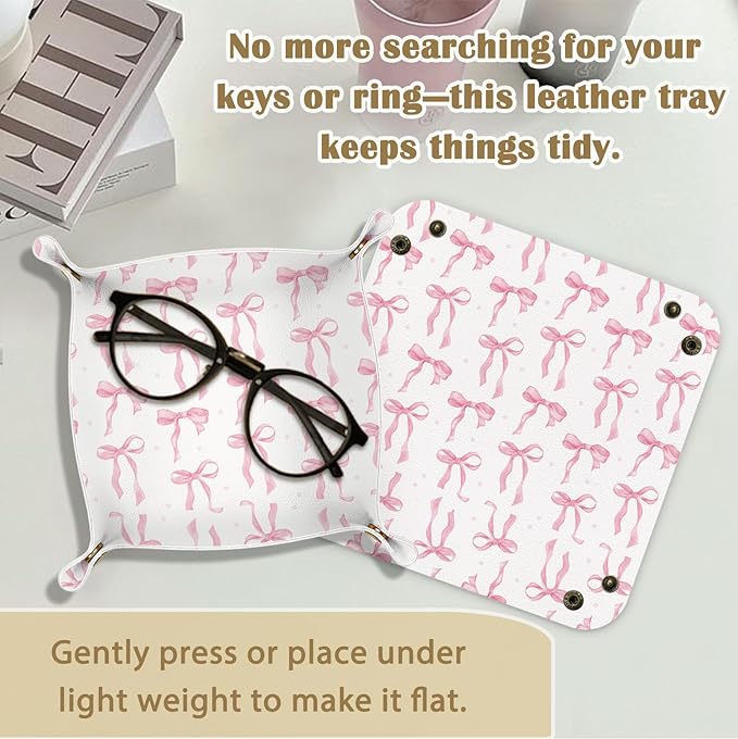 Coquette Pink Bow,Graduation Gifts,Graduation Gifts for Her,Jewelry Valet Tray for Women PU Leather Catchall Beside Caddy Nightstand Organizer Tray for Jewelry Rings Watches Keys,7.87x7.87