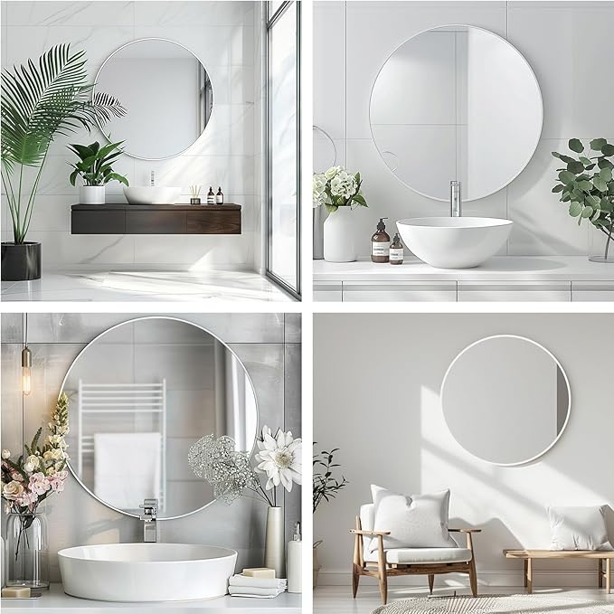 Round White Mirror, 20 Inch Circle White Mirror, Metal Frame Round Wall Mounted Mirrors for Bathroom, Living Room, Bedroom, Entryway, Vanity