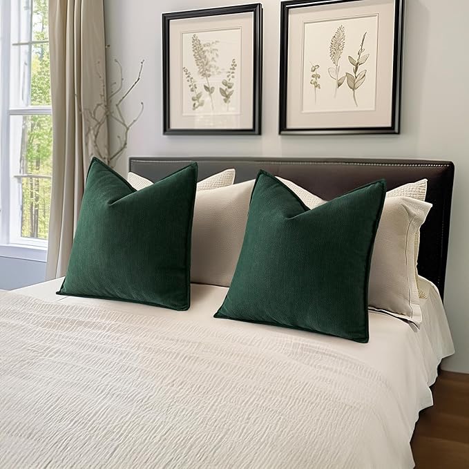 MIULEE Pack of 2 Green Decorative Pillow Covers 22x22 Inch Soft Chenille Luxurious Couch Throw Pillows Farmhouse Cushion Covers Euro Shams with Elegant Design for Sofa Bedroom Home Decor