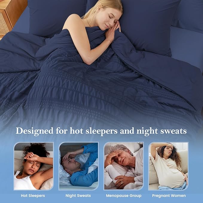 Cozy Bliss Striped Seersucker Cooling Comforter Queen Size, Lightweight Airflow Silky Cooling Bedding with Q-Max>0.45 for Bedroom, Home Decor, Hot Sleepers & Night Sweats, Navy Blue 90"x90"