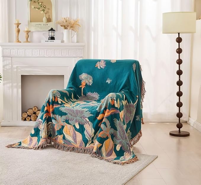 Boho Throw Blanket for Couch Sofa 60"x80",100% Cotton Muslin Fall Throw Blanket for Bed,Ultra Soft 4-Layers Woven Blanket with Floral Printed for All Season,Farmhouse Throws Bed Chair Cover