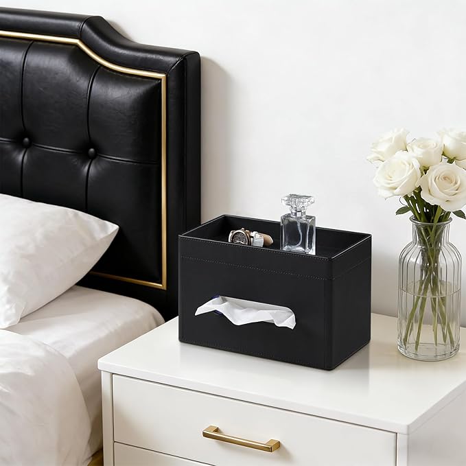 Plus Size Tissue Box Cover Rectangle, PU Leather Tissue Box Holder with Storage Tray, Decorative Organizer Tissue Holder for Bathroom, Bedroom Dresser, Night Stand, Office (Black)