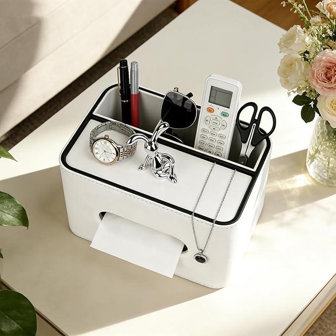 PU Leather Tissue Box Cover Square - Multifunctional Tissue Box Holder with Storage, Tissue and Remote Control Holder Organizer with Compartments for Bedroom Nightstand, Desk, Living Room (White)