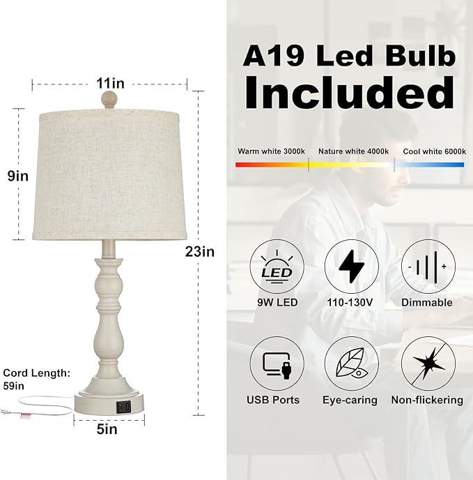 Farmhouse Side Table Lamps for Living Room Set of 2 with USB C+A Ports, Bedside Lamp for Bedroom, Dining Room Decor, Office, End Table, Knob Switch, 3 Color Temperatures, Bulb Included, Beige