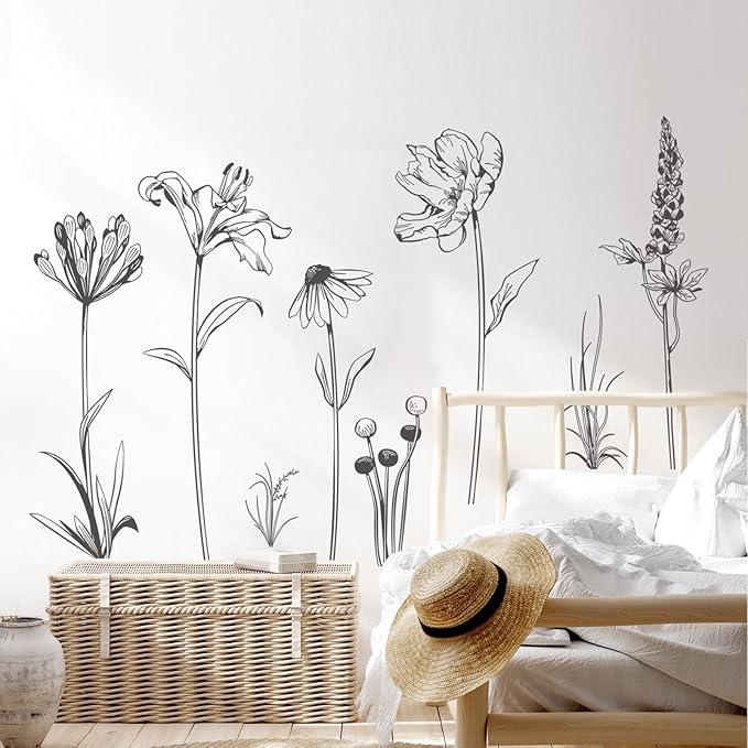 Boho Black Flower Wall Decals Simple Sketch Wildflower Floral Wall Stickers for Girls Bedroom Living Room Bathroom Office Adult Home Decor