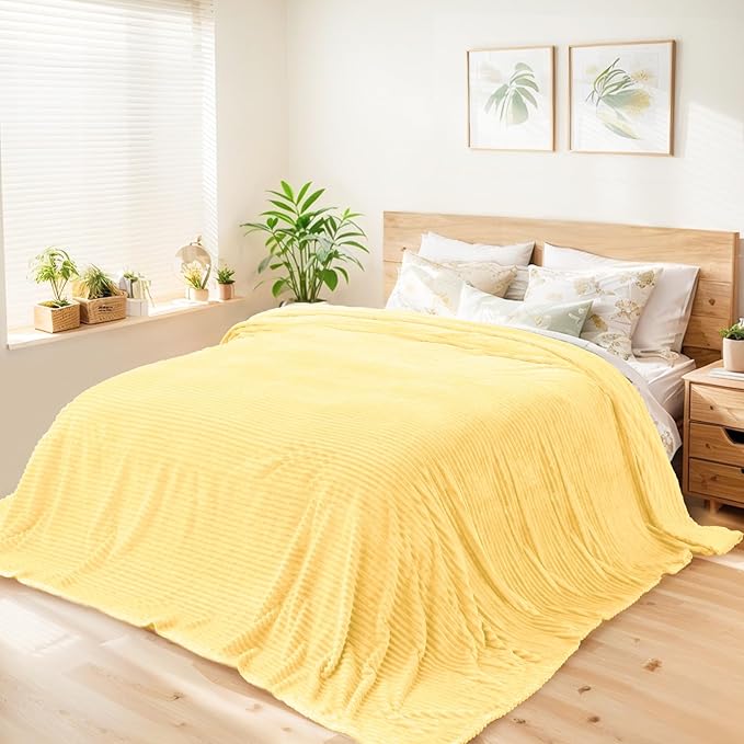 Vessia Flannel Fleece Queen Blanket for Queen Bed, 300GSM Striped 90x90 inch Light Yellow Blanket for Adults and Kids, Super Soft Warm Cozy Lightweight Ribbed Pale Yellow Decor for All-Season