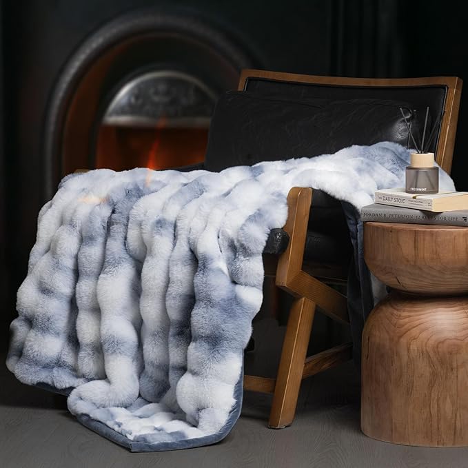 EverGrace Ultra Soft Luxury Fluffy Faux Rabbit Fur Throw Blanket, Thick Warm Bubble Throw for Bed, Cozy Plush Reversible Blankets for Couch, Chair, Sofa, Cloud Blue, 60x80 Inches