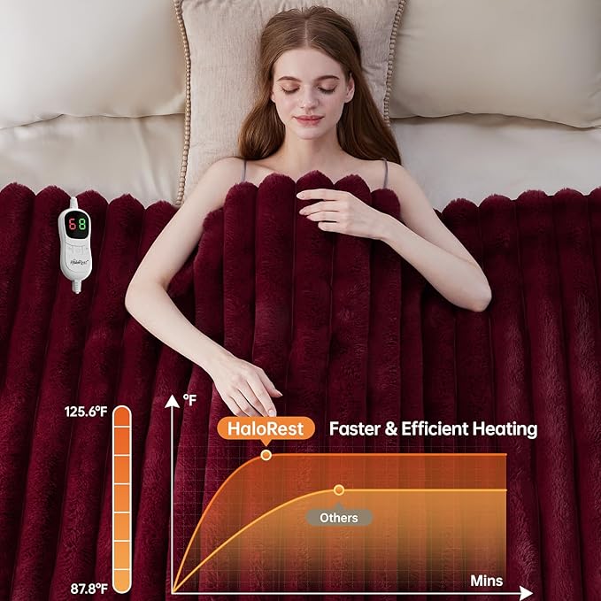 Heated Throw Blanket, Faux Fur Cozy Heating Blanket with Overheat Protection, 1/2/4/6/8 Hours Auto-Off 10 Heat Level, Machine Washable (62x84 Inches, Red)