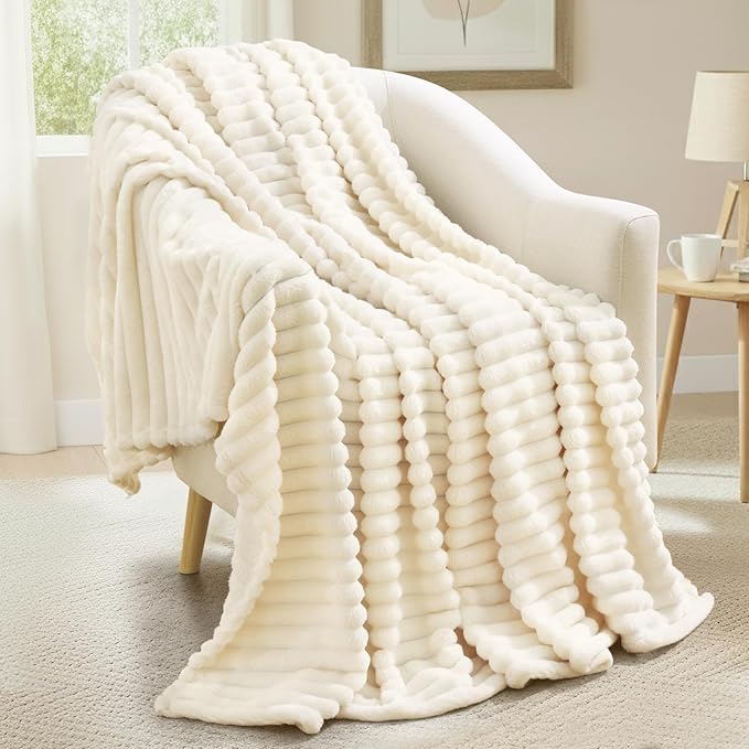 decorUhome Soft Fleece Cream White Blanket Queen Size for Bed, Cozy Fluffy Plush Flannel Large Striped Throws for Couch Sofa, Lightweight Decorative Fuzzy Blanket for Woman, 90x90 Inches