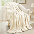 decorUhome Soft Fleece Cream White Throw Blanket for Couch, Cozy Fluffy Plush Flannel Striped Blanket for Sofa Bed, Lightweight Decorative Ribbed Fuzzy Blanket for Woman, 50x60 Inches
