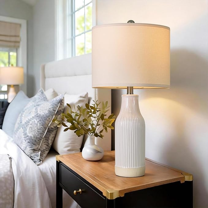 23.75 inches Modern Ceramic Table Lamp Set of 2 for Living Room, Farmhouse Bedside Nightstand Lamp for Bedroom Home Office Dorm