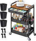 3 Tier Metal Rolling Cart with Wooden Table Top and Drawers, Black Utility Storage Cart on Wheels, Three Tiered Art Carts Organizer for Craft, Baby Diaper Caddy, Snack, Laundry, Dorm, Bedside,Bathroom