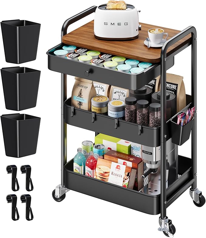 3 Tier Metal Rolling Cart with Wooden Table Top and Drawers, Black Utility Storage Cart on Wheels, Three Tiered Art Carts Organizer for Craft, Baby Diaper Caddy, Snack, Laundry, Dorm, Bedside,Bathroom