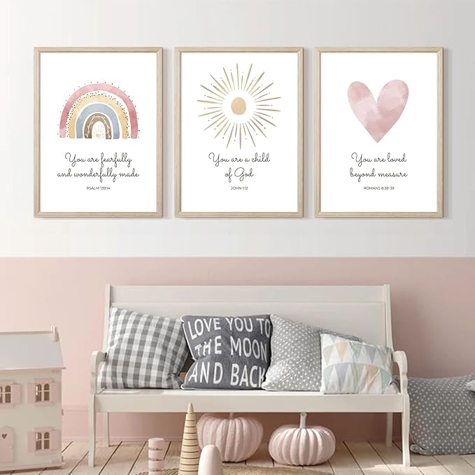 Boho Nursery Wall Art 3 Pieces Bible Verse Nursery Art Christian Girls Nursery Wall Art Heart Rainbow Sun Nursery Art Print Boho Sunshine Decor for Girl Baby Kid Room Decor 12x16 Inch Wood Framed
