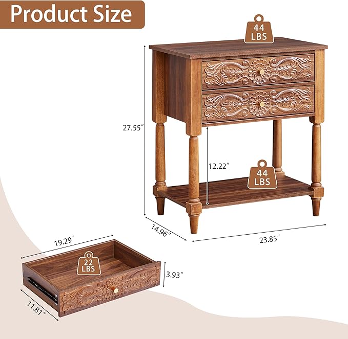 Nightstand, Farmhouse Bedside Table with 2 Drawers and Open Shelf, Wood Sofa Side Table End Table Accent Dresser for Bedroom, Living Room (with Shelf, Walnut)