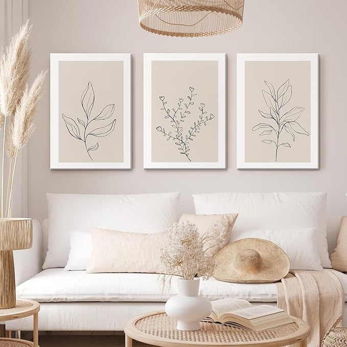 Joocrise Botanical Wall Art Decor Neutral Wall Decor Boho Beige Canvas Wall Art Botanical Minimalist Pictures Neutral Prints Beige Posters Boho Artwork for Room Bedroom 24x36x3 Inch Wrapped Canvas