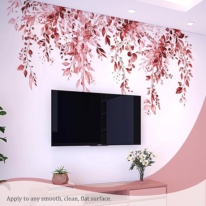 Burgundy Red Plants Leaves Wall Decals Peel and Stick, Large Floral Flowers Vinyl Wall Stickers, Removable Vine Home Decor Art for Bedroom Living Room Classroom Office