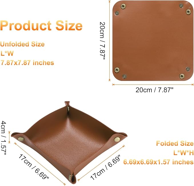 HARFINGTON 2pcs PU Leather Valet Tray Unisex Folding Small Catchall Tray Portable Entryway Table Tray Nightstand Bedside Desk Tray for Key Wallet Watch Coin Jewelry Dice, Brown