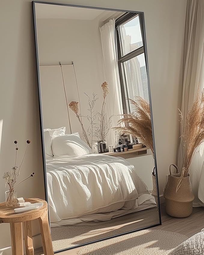 Antok Full Length Mirror, 46"x90" Floor Mirror with Stand, Hanging Mounted Mirrors for Bedroom, Living Room, Cloakroom, Dining Room, Black, Rect