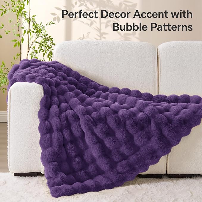 BEDELITE Faux Fur Throw Blanket, Soft Cozy Plush Purple Bubble Blanket for Couch Sofa Bedroom Living Room Decor - 870GSM Thick Warm Fuzzy Fluffy Faux Rabbit Fur Blanket for Women Gift, 50x60 Inches