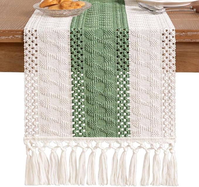 Socomi Boho Table Runner Easter Spring Farmhouse Rustic Dining Kitchen Small Macrame Woven Cotton Linen Coffee Table Runner for Dresser Scarf Home Decor 12x36 inch Sage Green Ivory