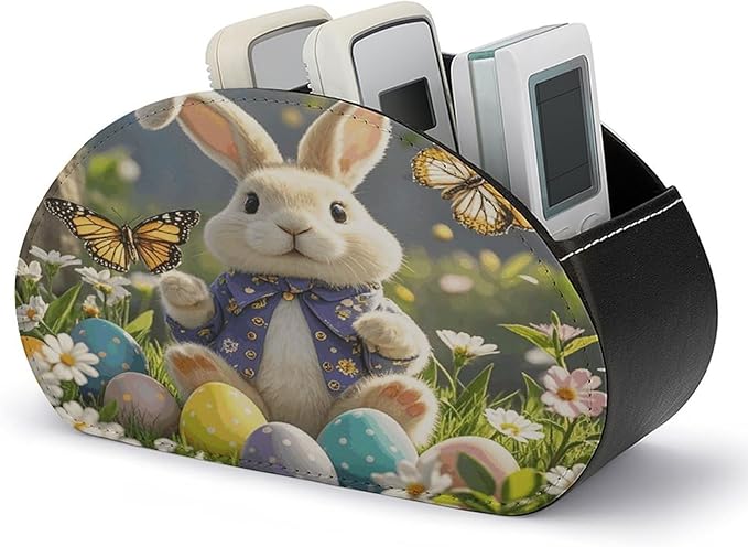 Easter Bunny Spring Butterfly Remote Control Holder Organizer Box with 5 Compartment PU Leather Bedside Storage Caddy Remote Organizer for Controller Media Player Pen/Pencil Storage