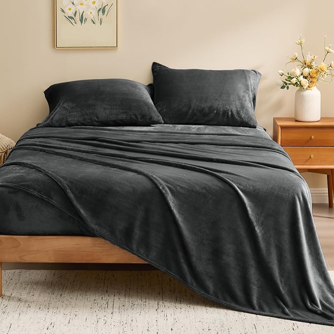 BEDELITE Flannel Sheets Twin Size Dark Gray - Super Soft Fleece Sheets Set Fluffy Extra Plush, 3 Piece(Include Fitted Sheet, Flat Sheet, 1 Pillowcase)