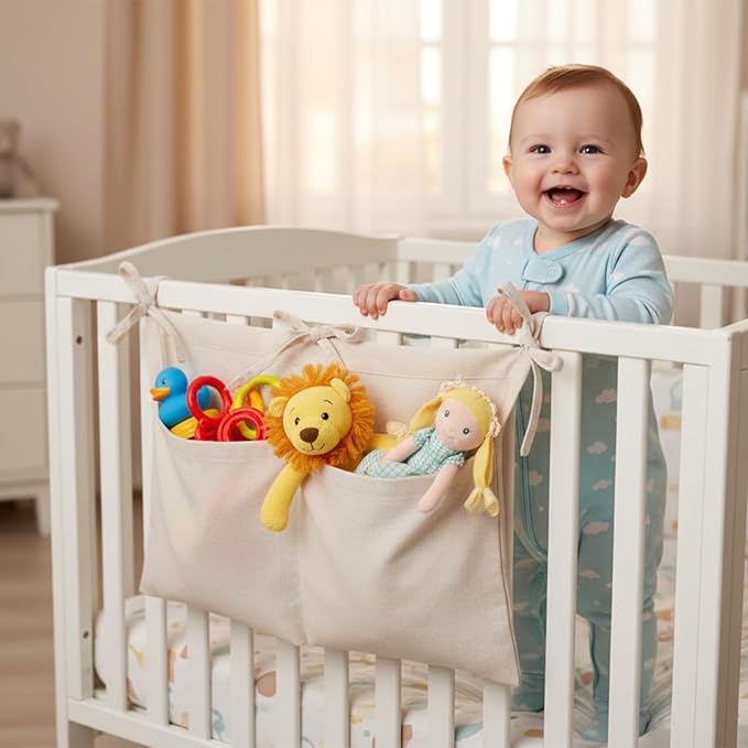 Linen Baby Bedside Hanging Storage Bag, Oatmeal 2 Pockets Milk Bottle Bib-Storage Crib Organizer Nursery Baby Nappy-Bag for Cribs Toys