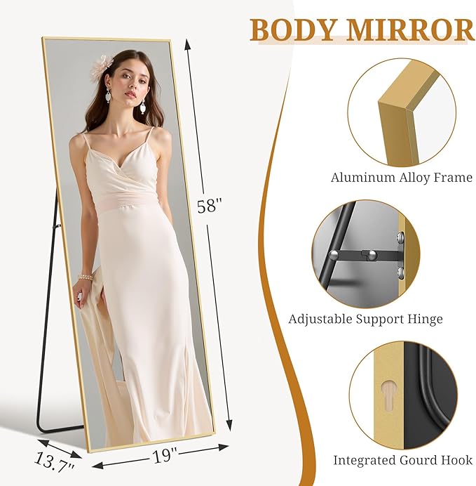 Full Length Mirror 58"x19" Full Body Mirror Rectangle Free Standing Wall Mounted Leaning Floor Mirrors with Stand Aluminum Alloy Frame for Bedroom Cloakroom, Gold