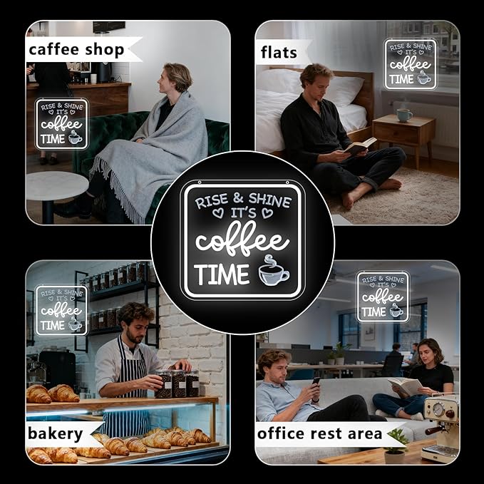 Farmhouse Coffee Bar Sign,Rise & Shine It's Coffee Time Neon Signs for Cafés Coffee Bar Accessories Home Kitchen Led Sign Wall Decor