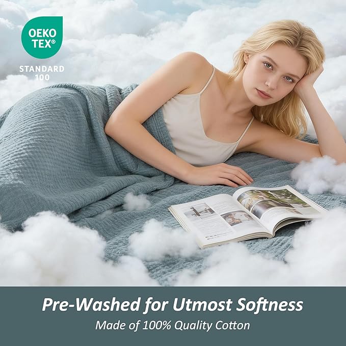 EMME Cotton Muslin Twin XL Blanket Breathable Gauze Soft Lightweight Blankets Adults Gifts for Women (Heather Teal, 66"x90")