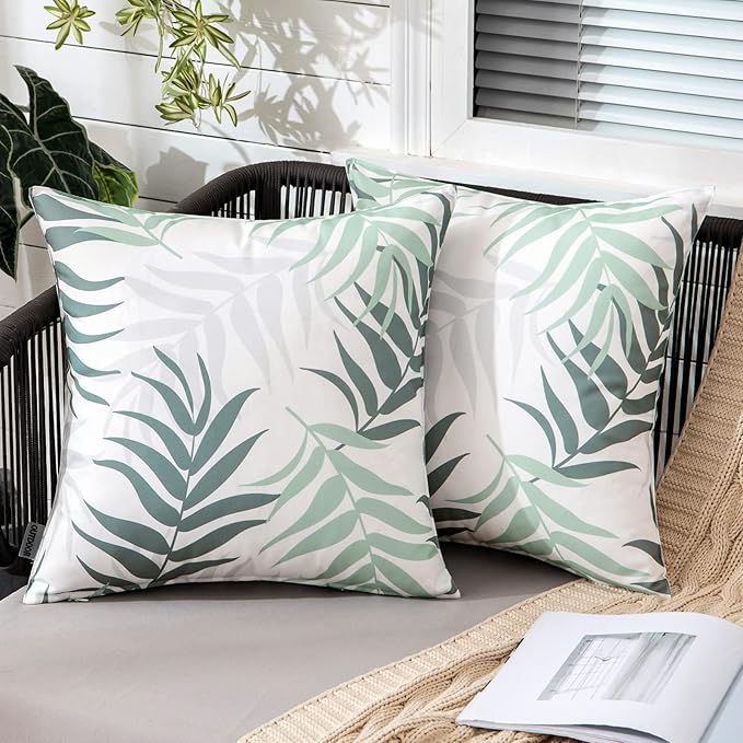 MIULEE Pack of 2 Decorative Outdoor Waterproof Throw Pillow Covers Patio Pillow Cases Natural Leaves Pattern Spring Square Cushion Shams Shell for Garden Balcony Couch 16x16 Inch, Greyish Green