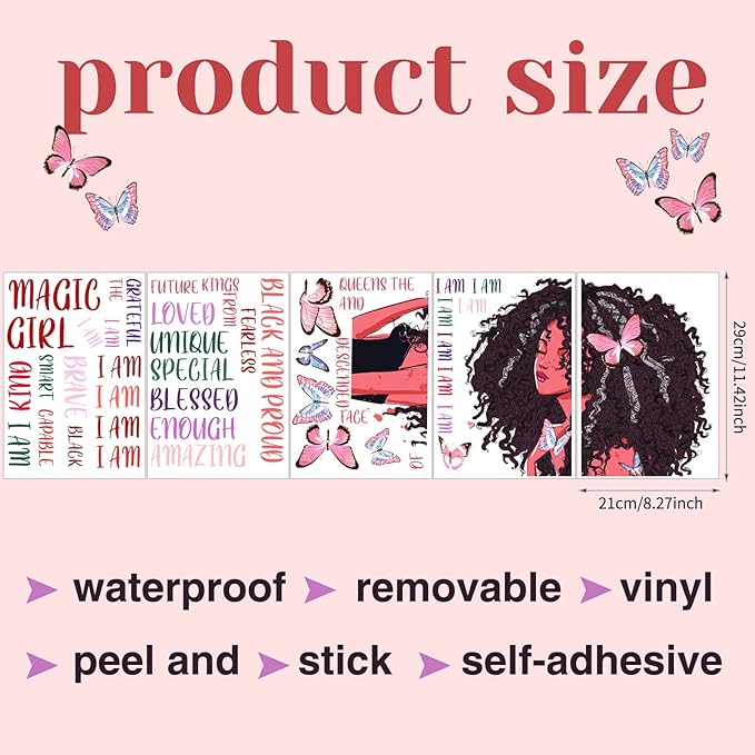 Black Girl Wall Decal Inspirational Quote Butterfly Sticker Motivational Saying American Wall Decor Sticker for Afro Woman Bedroom Playroom